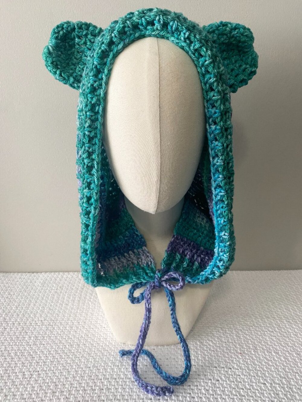Handmade Crochet Blue Purple Green Bear Ears Balaclava Hood